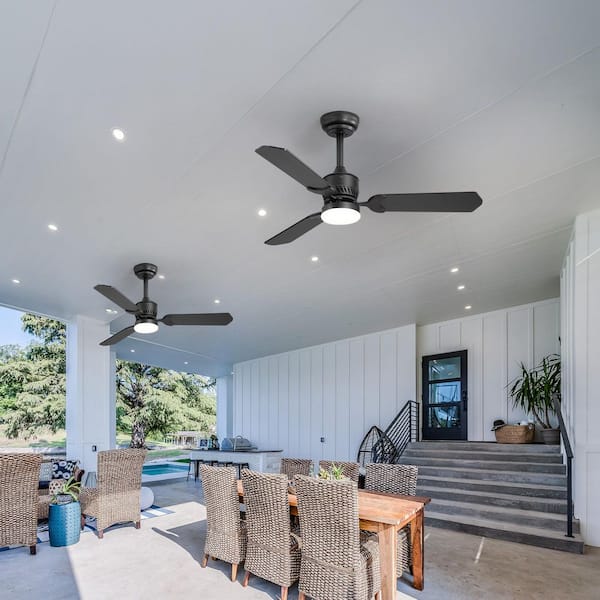 Porter 42 in. Standard Black Covered Outdoor Ceiling Fan with LED Light, Black/Brown Blade, Downrod and Remote Included