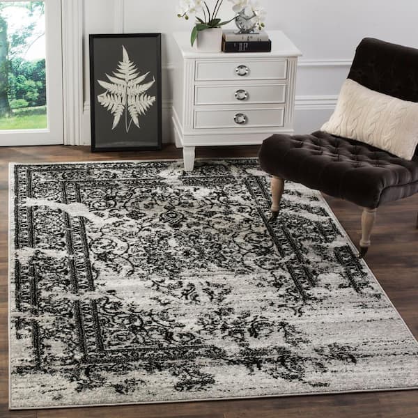 Adirondack Silver/Black 5 ft. x 8 ft. Border Floral Area Rug