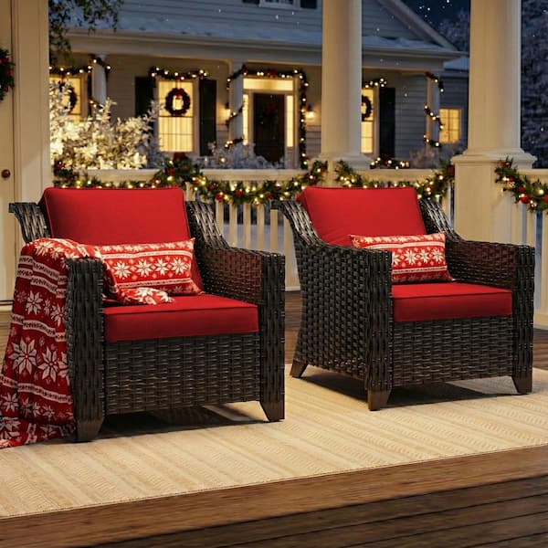 Patio Wicker Outdoor Lounge Chair with Thick Baby Red Cushions (2-Piece)