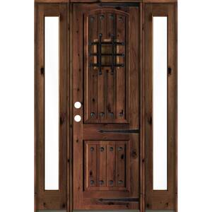 58 in. x 96 in. Mediterranean Knotty Alder Right-Hand/Inswing Clear Glass Red Mahogany Stain Wood Prehung Front Door