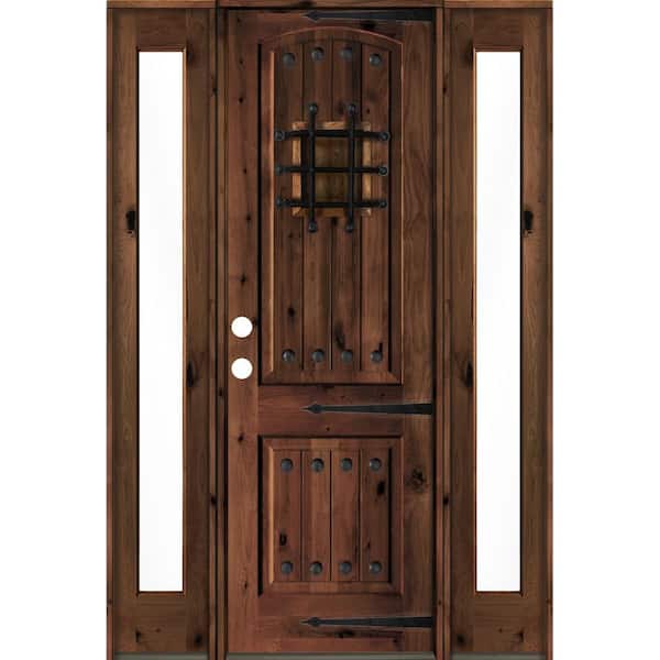 58 in. x 96 in. Mediterranean Knotty Alder Right-Hand/Inswing Clear Glass Red Mahogany Stain Wood Prehung Front Door
