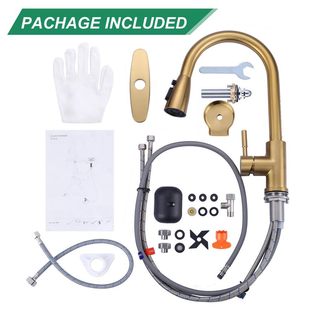 Brushed Gold Stainless Steel Pull-Down Kitchen Faucet with Deckplate