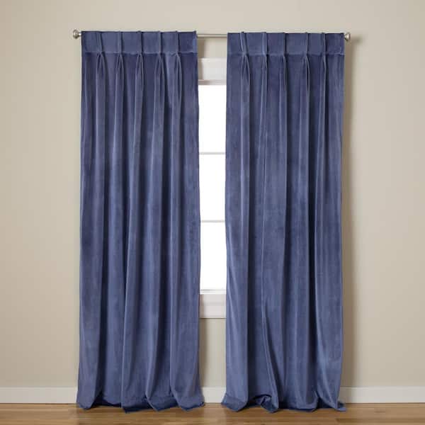 EXCLUSIVE HOME Velvet Navy Solid Light Filtering Triple Pinch Pleat / Hidden Tab Curtain, 27 in. W x 84 in. L (Set of 2)