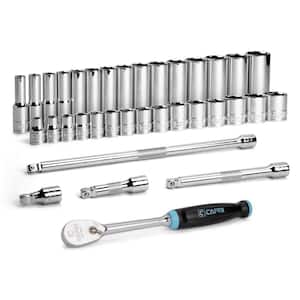 3/8 in. Drive Master 6-Point Metric Master Chrome Socket Set with Extension and 90-Tooth Soft Grip Ratchet (35-Piece)
