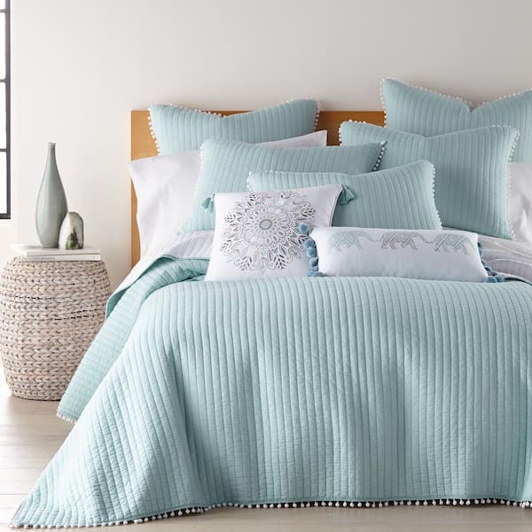 LEVTEX HOME Pom Pom Blue Haze Solid Twin/Twin XL Cotton Quilt