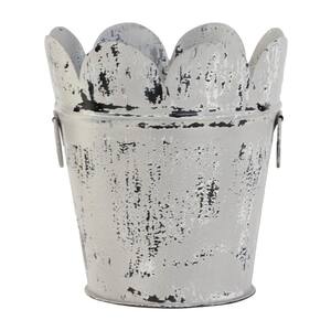 11 in. x 12 in. Farmhouse Style Distressed White Metal Scalloped Bucket Planter with Handles
