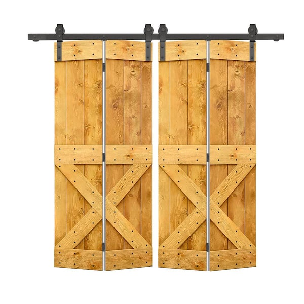 CALHOME 64 in. x 84 in. Mini X Solid Core Colonial Maple-Stained DIY Wood Double Bi-Fold Barn Doors with Sliding Hardware Kit