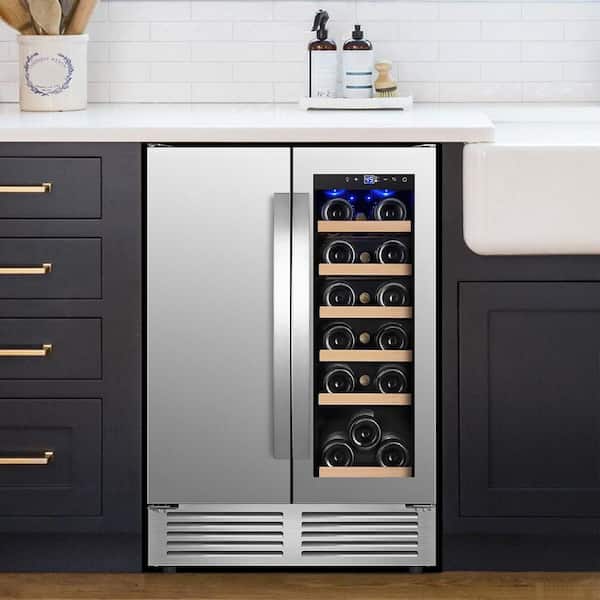 24 in. Dual Zone 18-Bottle and 62-Can Beverage & Wine Refrigerator Four Door Handles Wine Cooler in Silver