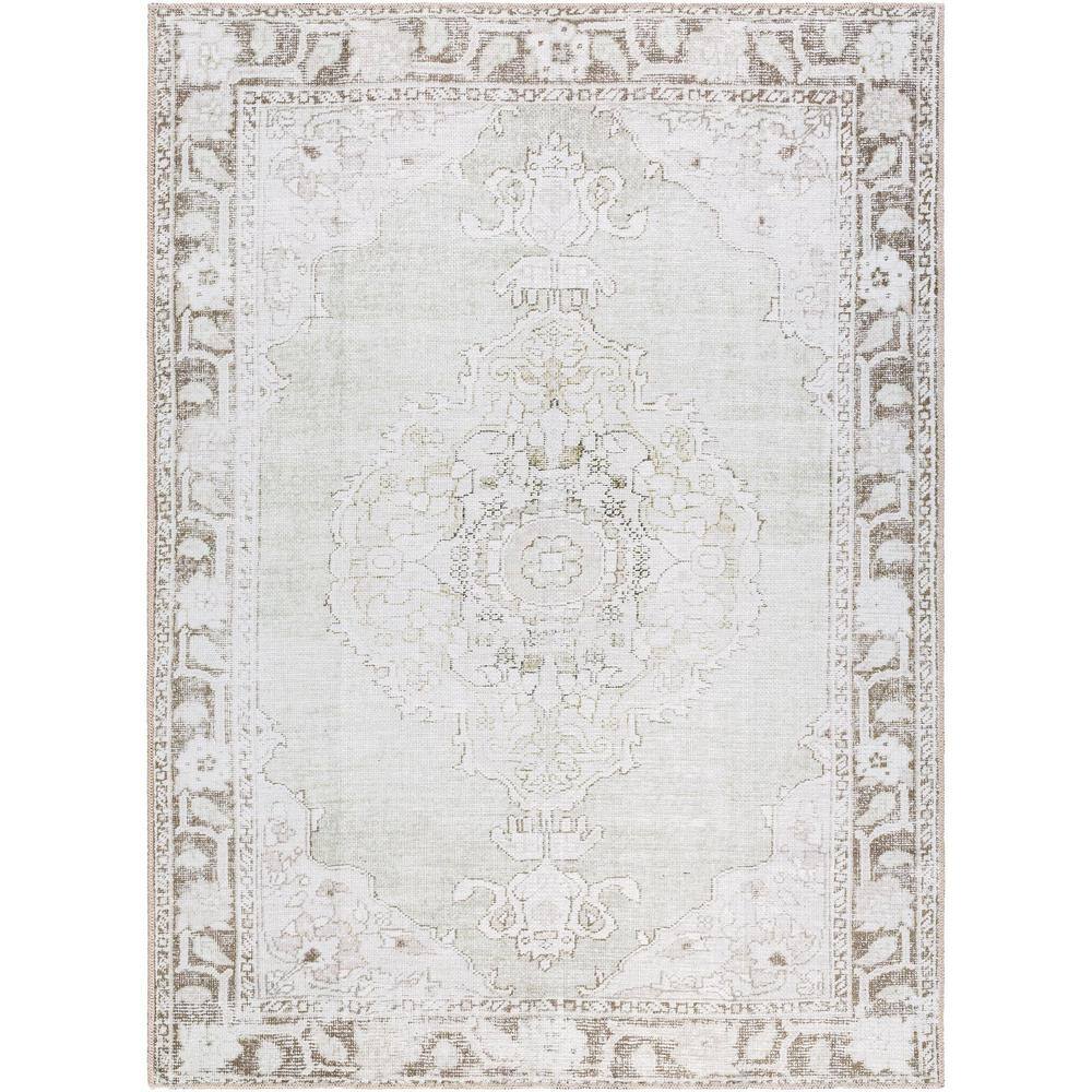 Light Gray Synthetic Medallion Washable Rectangular Area Rug