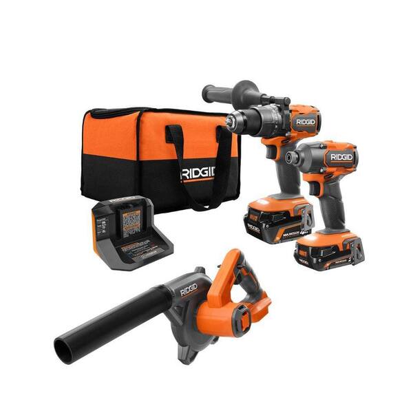 RIDGID 18V Brushless Cordless 2-Tool Combo Kit w/ Hammer Drill, Impact Driver, Batteries, Charger, Bag & FREE Compact Blower