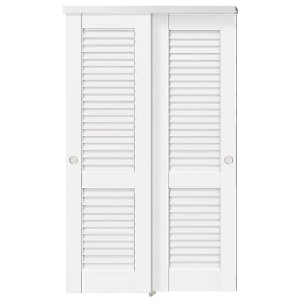 48 in. x 80 in. White, Solid Core, MDF and DIY Painted Double Louvered Panel Bypass Sliding Door with Aluminium Hardware