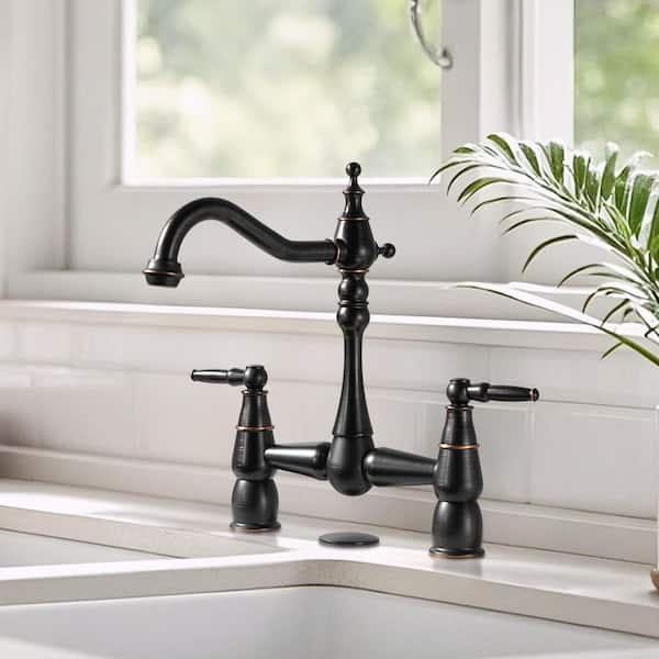 Vintage 2-Handle High Arc Bridge Kitchen Faucet with Hole Cover in Oil Rubbed Bronze