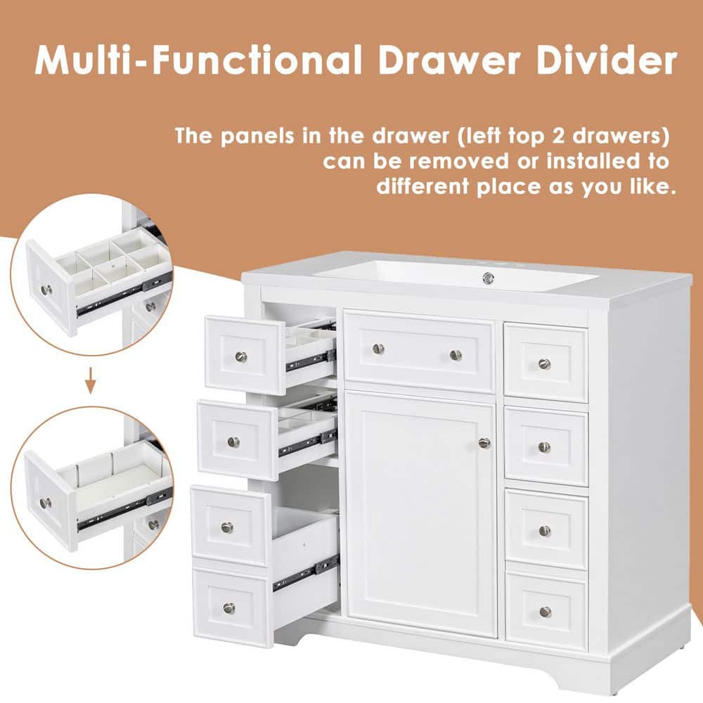 White Solid Wood and MDF Freestanding Bathroom Vanity Base with 6 Drawers