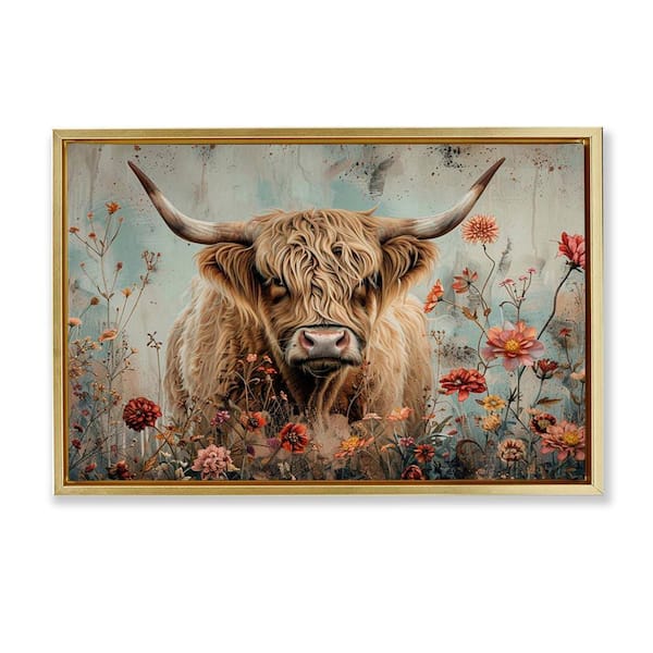 Stupell Industries Spring Blooms Highland Cow by LSR Design Studio Gold Floater Frame Animal Graphic Art Print 17 in. x 25 in.
