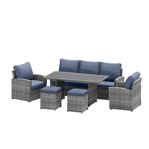 Gray 6-Piece Wicker Patio Conversation Sectional Seating Set with Gray Cushions