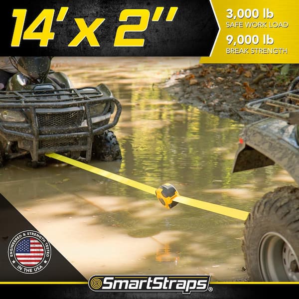 14 ft. 3,000 lb. Working Load Limit Yellow Retractable Tow Rope Strap with Hooks