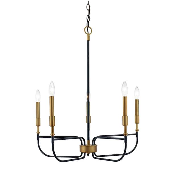 Warehouse of Tiffany 29 in. 5-Light Kelsey Matte Black and Antique Brass Indoor Chandelier with Light Kit