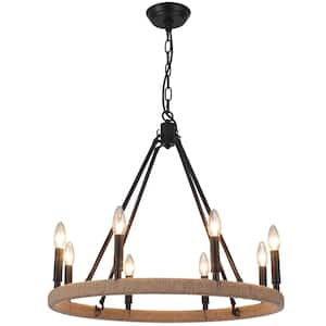 Elinka 8 Light Black Farmhouse Rope Candle Style Wagon Wheel Chandelier for Living Room Kitchen Dining Room Foyer