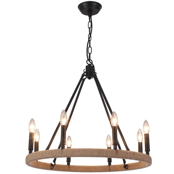 LWYTJO Elinka 8 Light Black Farmhouse Rope Candle Style Wagon Wheel Chandelier for Living Room Kitchen Dining Room Foyer