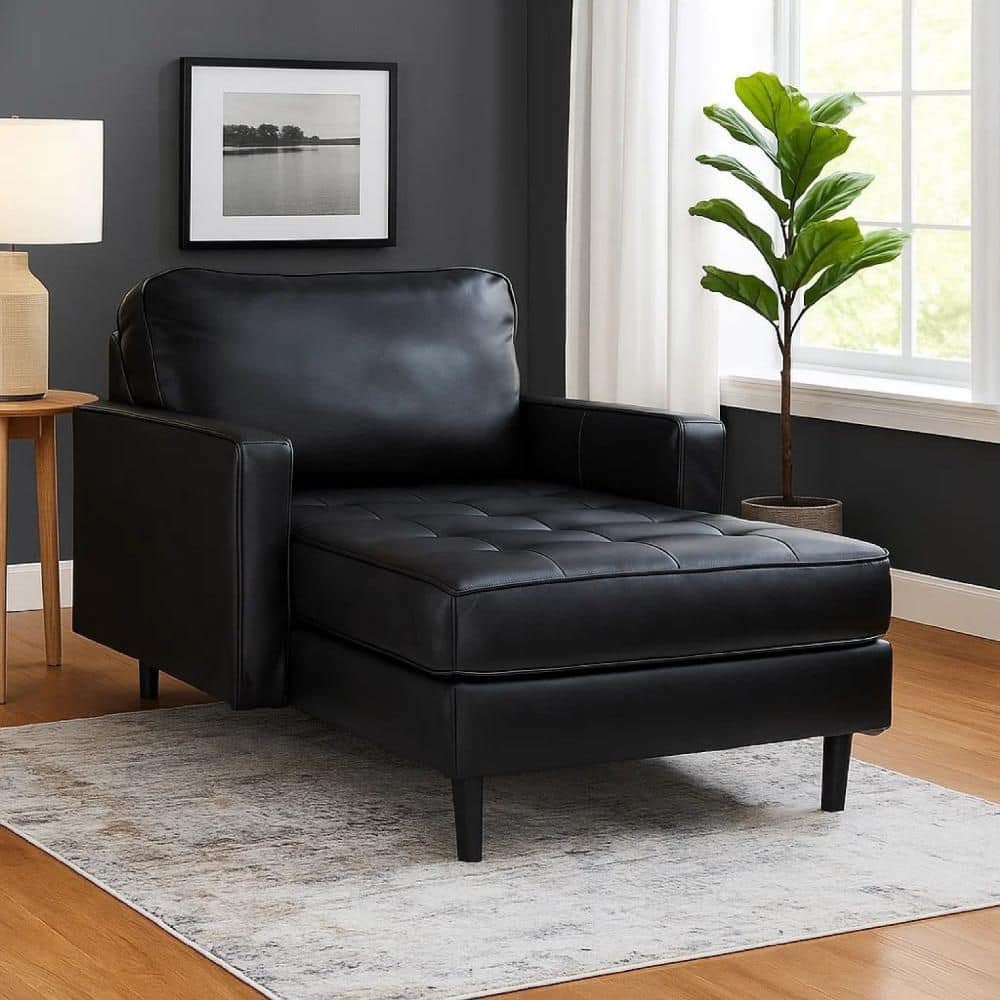 Benjara Bryc Classic Black Real and Faux Leather Square Arm Chaise