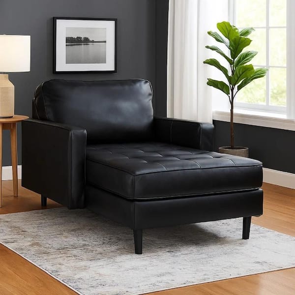 Bryc Classic Black Real and Faux Leather Square Arm Chaise Lounge Chair