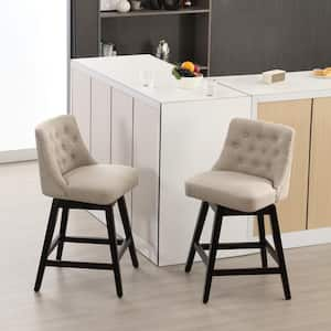 29 in. Beige Fabric Upholstered Bar Height Swivel Bar Stool with Solid Wood Frame (Set of 2)