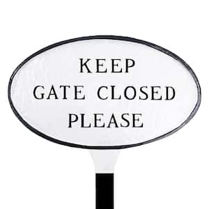 Keep Gate Closed Please Small Oval Statement Plaque with Lawn Stake White/Black
