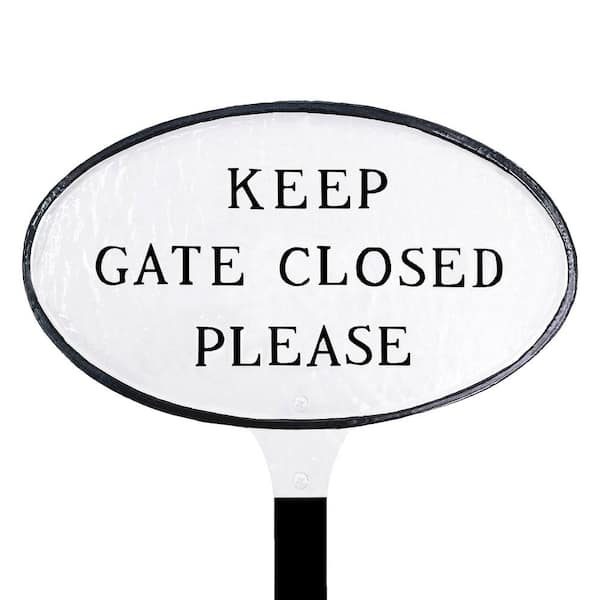 Montague Metal Products Keep Gate Closed Please Small Oval Statement Plaque with Lawn Stake White/Black