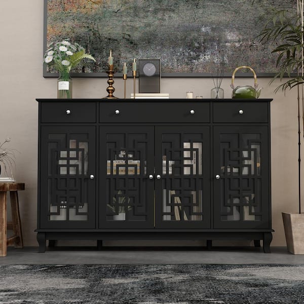 FUFU&GAGA Black Wood Minimalist Retro Console Table Entryway Table with 3-Drawer, Glass Doors, Adjustable Shelves