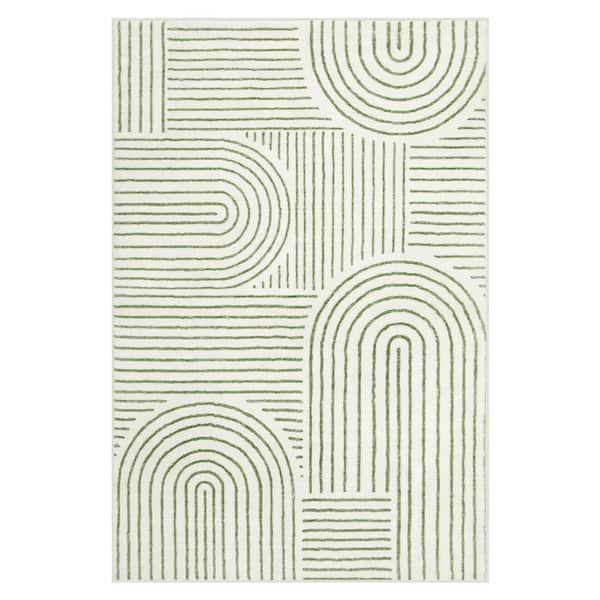 Abstract Rainbow Striped Washable Non-Slip Green 6 ft. x 9 ft. Living Room Bedroom Area Rug