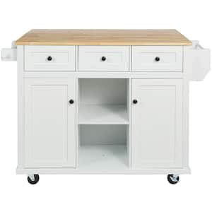 White Outdoor Grill Cart Kitchen Island on 5 Wheels with Storage Cabinet and 3 Drawers for Dinning Room