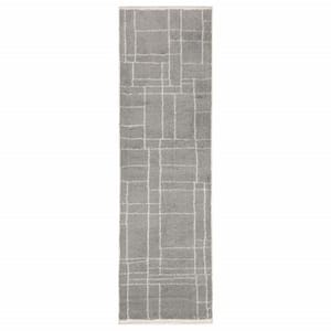 Grey and Ivory 2 ft. x 8 ft. Geometric Shag Power Loom Stain Resistant Runner Rug