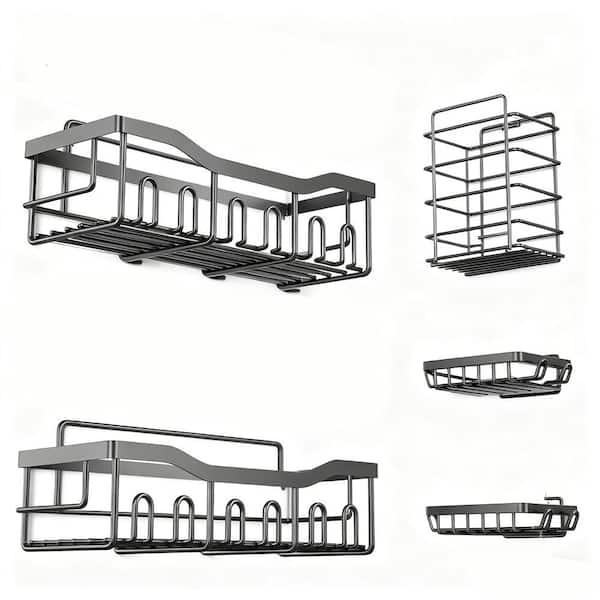 5 Pack Adhesive Shower Caddy-Rustproof Stainless Steel Bathroom Organizer in Black