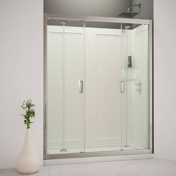 DreamLine Butterfly 60 in. x 76-3/4 in. Bi-Fold Trackless Shower Door in Chrome with Shower Base and Back Wall Kit