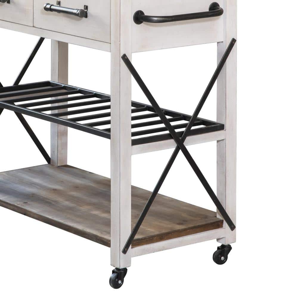 Off-White and Brown Wood Kitchen Cart with Wine Rack