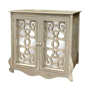Antique White and Silver Storage Console with 2-Doors and Scrolled Mirror Trim
