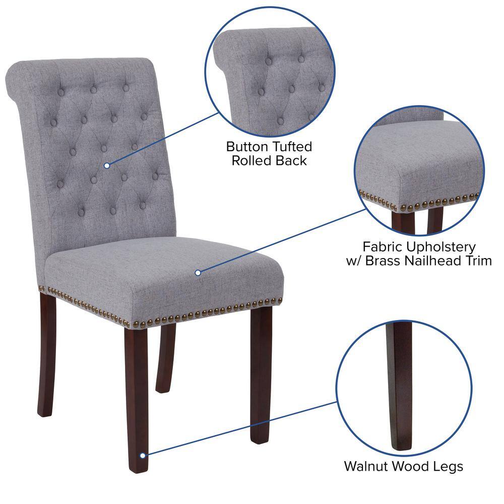 High-Back Parsons Side Chair in Light Gray Leather & Walnut Wood