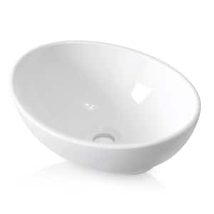 Modern White 16 in. L x 13 in. W Oval Vessel Bathroom Sink Egg Shape Above Counter