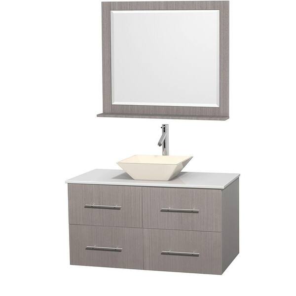 Wyndham Collection Centra 42 in. Vanity in Gray Oak with Solid-Surface Vanity Top in White, Bone Porcelain Sink and 36 in. Mirror