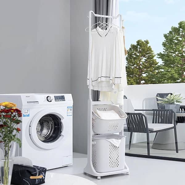 2-Tier Laundry Hamper Sorter with Hanging Bar, Rolling Laundry