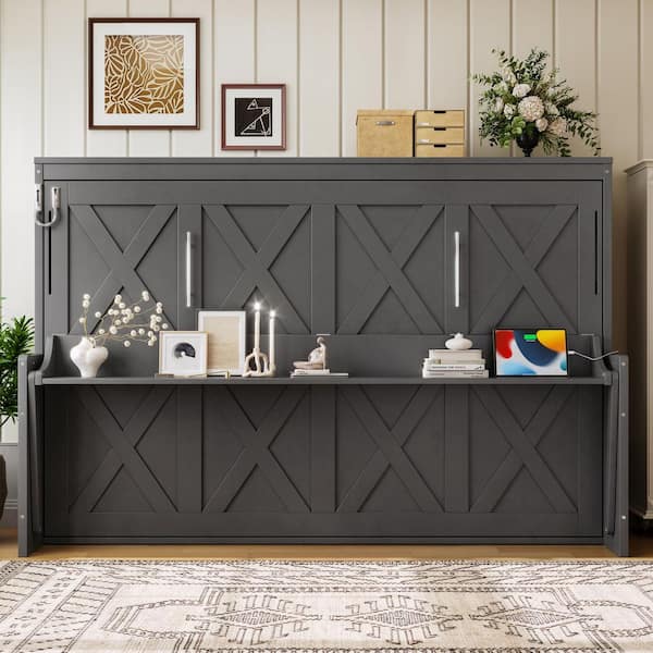 Mapelai Dark Gray Wood Frame Full Size Murphy Bed with Desk, USB Charging Station and LED Lights