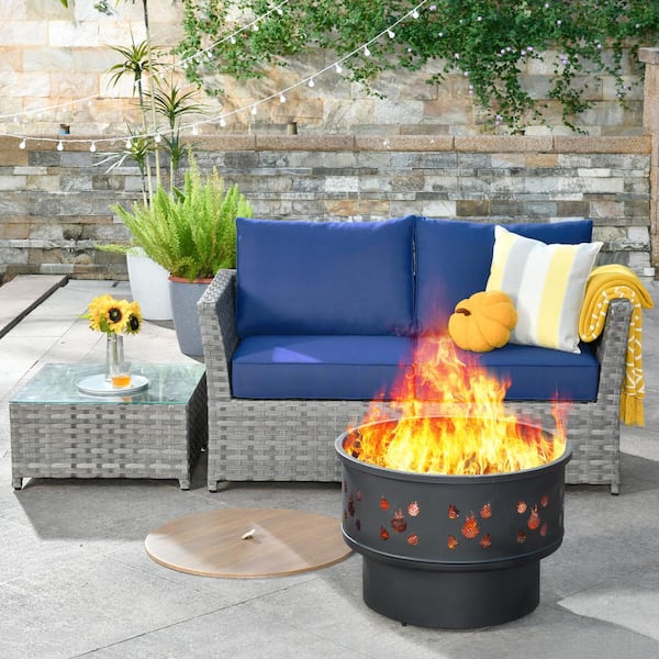 weaxty W Hanes A Gray 4-Piece Wicker Patio Outdoor Wood Burning Fire Pit Loveseats Sofa Set with Navy Blue Cushions