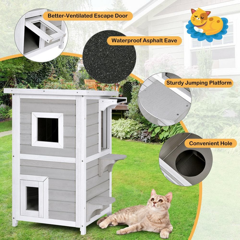 Gray and White 2-Story Wooden Outdoor Cat House with Escape Door