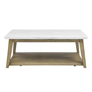 Vida 48 in. White Marble Top Brown Wood Rectangle Cocktail Coffee Table with Casters