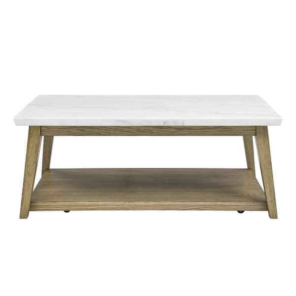 Vida 48 in. White Marble Top Brown Wood Rectangle Cocktail Coffee Table with Casters
