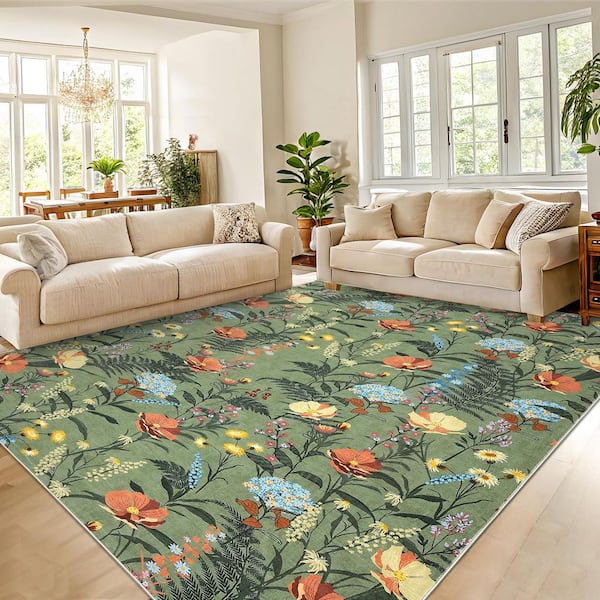 Green 8 ft. x 10 ft. Non-Slip Border Print Rug Machine Washable Ultra Thin Soft for Bedroom Dining Room Office