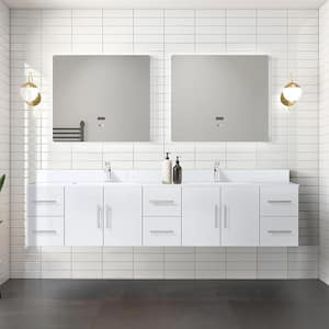 Geneva 84 in. W x 22 in. D Glossy White Double Bath Vanity, Cultured Marble Top, Faucet Set, and 36 in. LED Mirrors