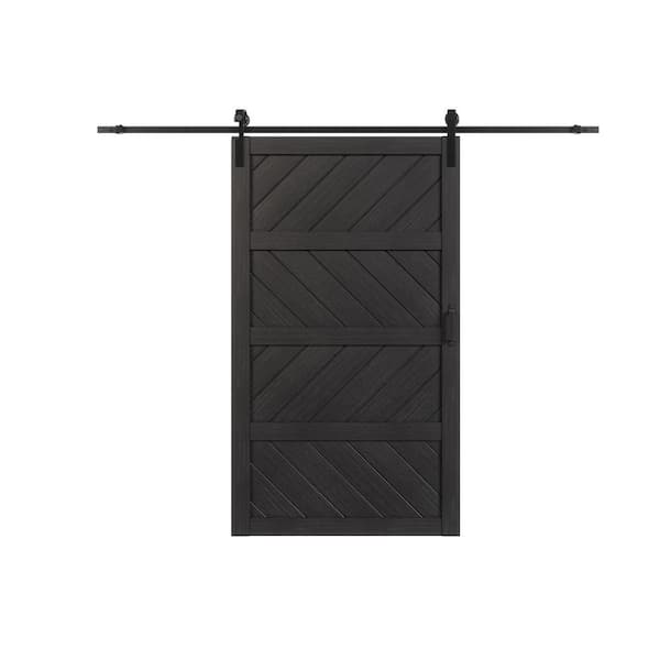 TENONER 48 in. x 84 in. Black, MDF, 4 Panel Paneled Wood Wave Water-Proof PVC Surface Sliding Barn Door with Hardware Kit