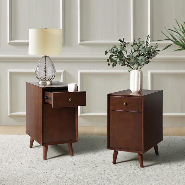 Teodor Walnut 14" W Mid-century Modern Rectangle MDF End Table with Storage and Built-In Outlets Including 2 End Tables