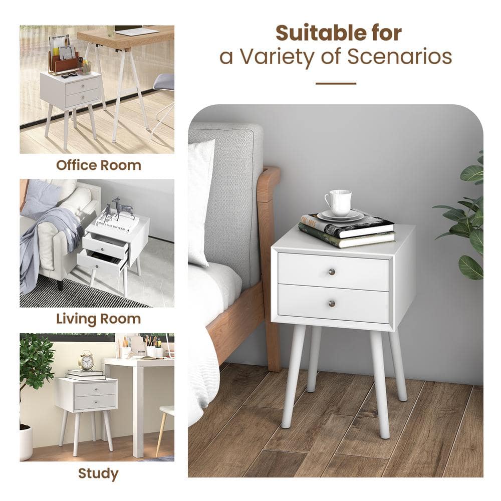 Mid-Century Modern White Wood 2-Drawer Nightstand